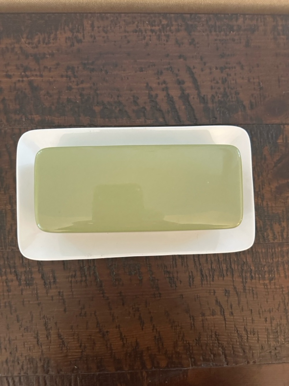 Rectangular Olive Green Ceramic Butter Dish with White Base